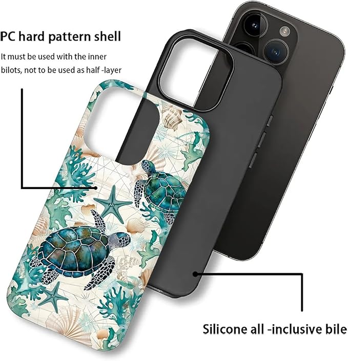 for iPhone 16 Pro Max Case,HH2 Ocean Sea Turtle Nautical Map Hybrid 2 Layer Hard Shell Silicone Protective Pattern Design Case