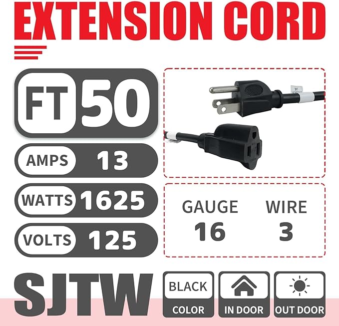 EP 50FT Black Outdoor Extension Cord, 16/3 SJTW Heavy Duty Waterproof, 3 Prong Grounded Plug, 13A 1625W 16AWG, Cold-Resistant Flexible Power Cable for Garden, Home, Christmas Lights