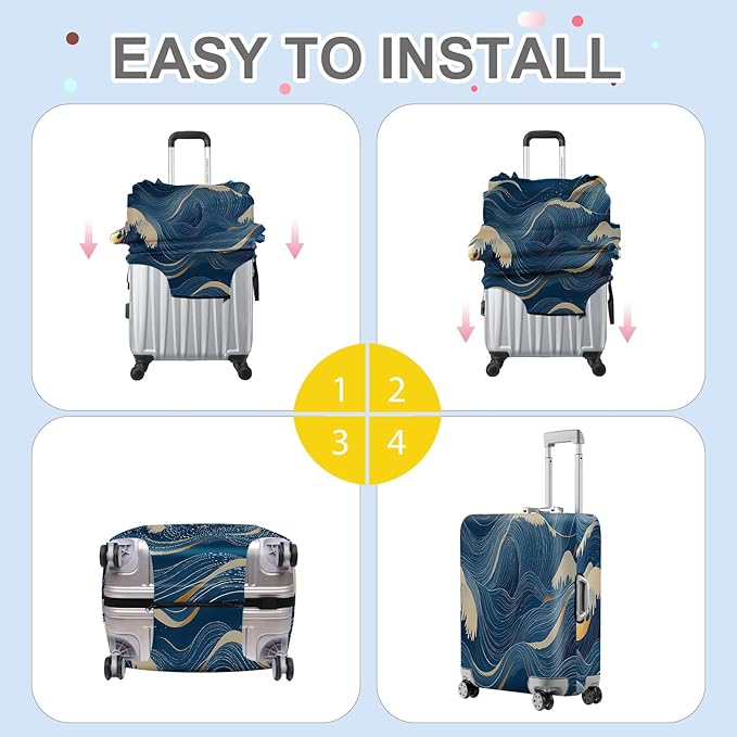 ANNA QUEEN Ocean Wave Luggage Cover, Elegant Blue Flow Line Design Suitcase Protector, Washable Stretchable Travel Sleeve for 32-34 Inch Luggage