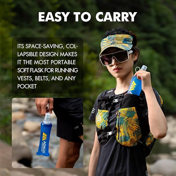 AONIJIE Running Water Bottle 2PCS 250ml/8.5oz Soft Flask TPU Collapsible Water Bottles, BPA-Free Foldable Leak-Proof Bottle for Hydration Pack, Running Vest, Hiking & Cycling