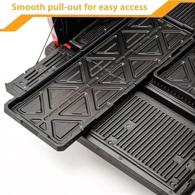 Truck Bed Slide Out Cargo Tray, 56" L x 42.9" W Size Slide-Out Truck Bed Organizer Tray for 5’+Long Beds, Sliding Truck Organizers and Storage Tray with Open Hooks & Elastic Cargo Net