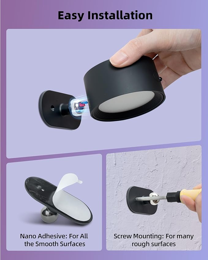 Wall Mounted Lights, 3 Pack Rechargeable RGB Color Changing Light, 3 Color Temps & Remote and Touch, 360° Rotation Dimmable Cordless for Study Bedroom Reading Bedside (Black)
