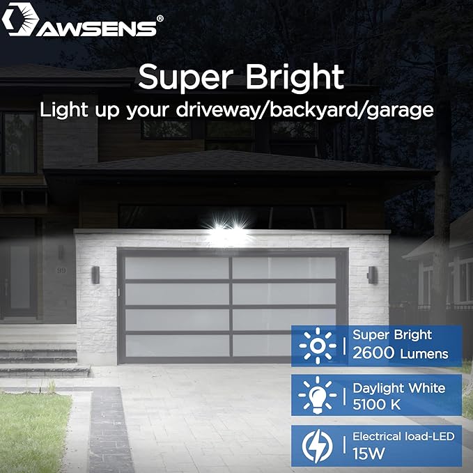 30W LED Motion Sensor Security Light Outdoor, 180 Degree, 2600 LM, 5100 K, ETL Water Resistant, 2 Head Adjustable Motion Sensor Outdoor Detector Light for Patio, Garage, Porch (White)