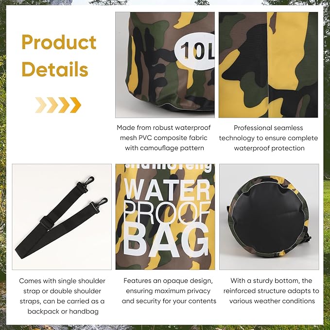 Waterproof Dry Bag 5L/10L/15L/20L/30L Roll Top Dry Storage Backpack with Phone Case, Collapsible Water Bottle, Sunglasses, Ear Band for Kayaking Boating Swimming Fishing Camping, Yellow 5L