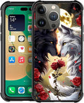 for iPhone 14 Pro Case, Black White Wolf Moon Flower Rose Pattern Graphic Design Girl Boy Soft Silicone Hard Acrylic Shock Protection for iPhone 14 Pro