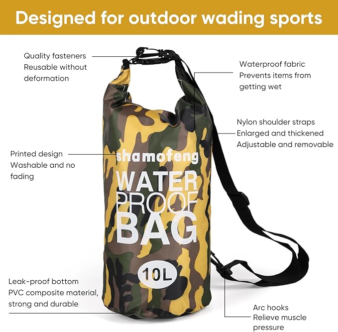 Waterproof Dry Bag 5L/10L/15L/20L/30L Roll Top Dry Storage Backpack with Phone Case, Collapsible Water Bottle, Sunglasses, Ear Band for Kayaking Boating Swimming Fishing Camping, Yellow 20L