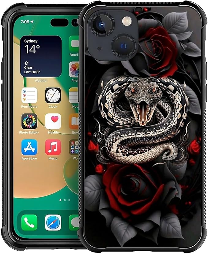 for iPhone 13 Mini Case, Entwined Rose Snake Pattern Graphic Design Girl Boy Soft Silicone Hard Acrylic Shock Protection for iPhone 13 Mini
