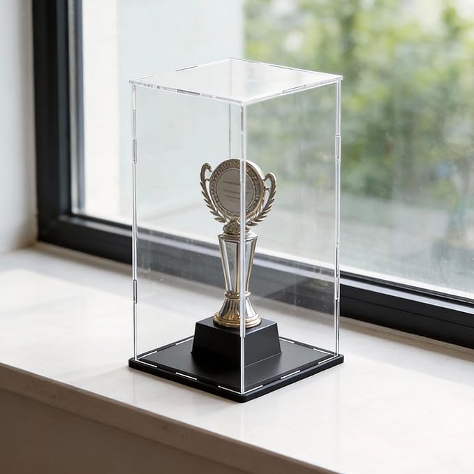 SVENJBB Display Case for Red Vine Bottle, Acrylic Box for Trophy and Toy Figures, Clear Acrylic Display Cases with Matte Black Base for Collection Protection and Storage, 7x7x16 inch