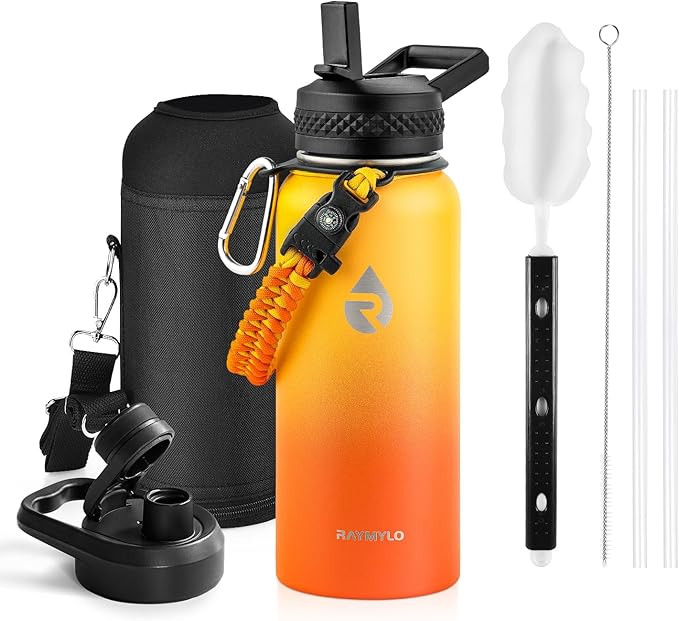 RAYMYLO Insulated Water Bottle 32 oz, Triple Wall Vacuum Stainless Steel (Cold for 24Hrs, Hot for 12Hrs), Leak Proof & Non-BPA, Modern Water Flask Jug with Paracord Handle & Straw Spout Lids