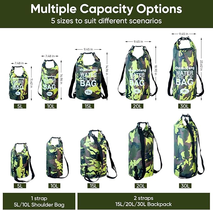 Waterproof Dry Bag 5L/10L/15L/20L/30L Roll Top Dry Storage Backpack with Phone Case, Collapsible Water Bottle, Sunglasses, Ear Band for Kayaking Boating Swimming Fishing Camping, Green 15L