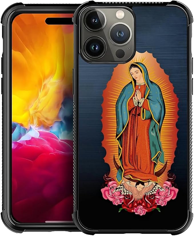for iPhone 15 Pro Max Case, Red Virgen Guadalupe Pattern Graphic Design Girl Boy Soft Silicone Hard Acrylic Shock Protection for iPhone 15 Pro Max
