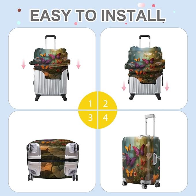 ANNA QUEEN Butterfly Garden Luggage Cover, Colorful Butterfly and Flower Suitcase Protector, Stretchable Washable Travel Sleeve for 32-34 Inch Luggage