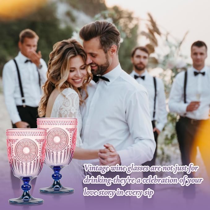XUWAIDSGN 6Pcs Plastic Vintage Wine Glasses 13.5oz Reusable Embossed Goblet Glasses Pink Blue Gradient Retro Wine Glassware Unbreakable Stemmed Champagne Water Cups for Wine Cocktail Juice Wedding