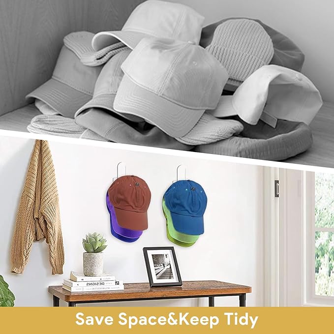 2 Pack Hat Rack for Baseball Cap,Adhesive Hat Hooks for Wall,Acrylic Hat Organizer,Sticky Clear Hat Hooks Display and Storage for Wall/Door/Closet