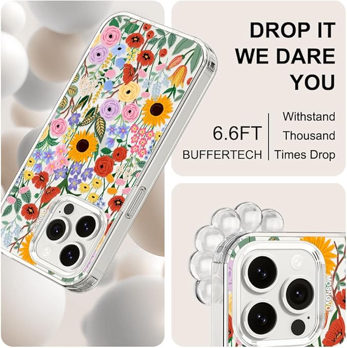 MOSNOVO Case for iPhone 15 Pro Max, [Buffertech 6.6ft Military-Grade Drop Protection] [Anti Peel Off Tech] Clear TPU Bumper Phone Case Cover Design - Blossom & Bloom