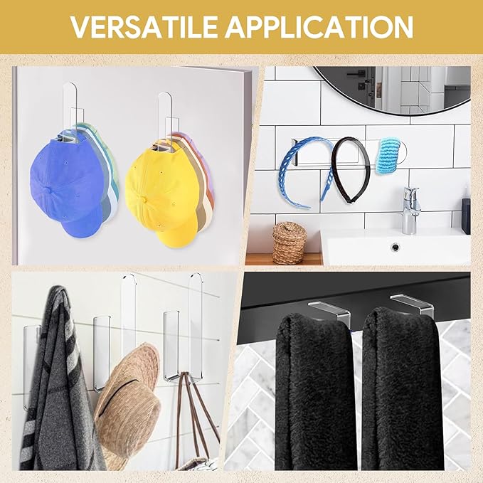 2 Pack Hat Rack for Baseball Cap,Adhesive Hat Hooks for Wall,Acrylic Hat Organizer,Sticky Clear Hat Hooks Display and Storage for Wall/Door/Closet