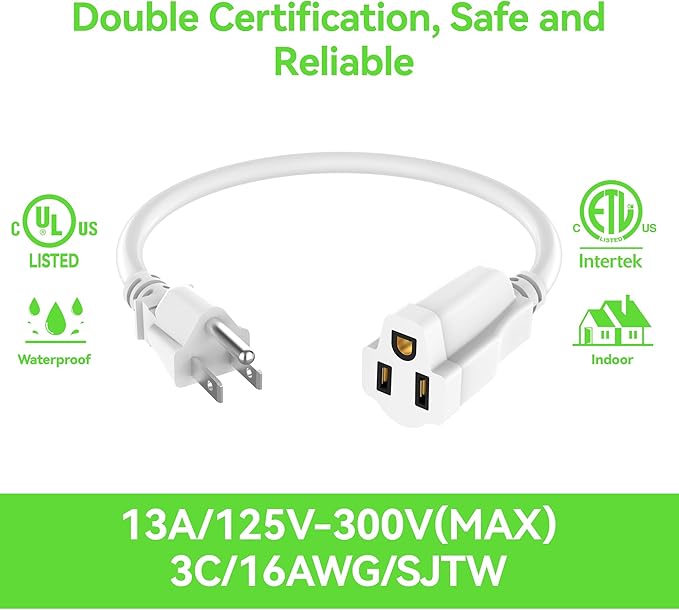 Power Extension Cord 3FT/36Inch, Short 3 Prong Electric Extension Cable Outlet Saver, Single Outlet, Outdoor and Indoor, Heavy Duty, Waterproof, Flexible, 16 AWG, SJTW, 13A 125V Extender Wire(White)