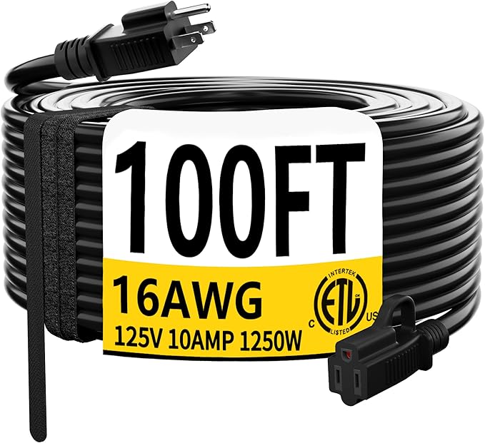 HUANCHAIN Black Outdoor Extension Cord 100 FT Waterproof, Flexible 16/3 Gauge Power Cord Extension 3 Prong 10A 1250W SJTW ETL Listed