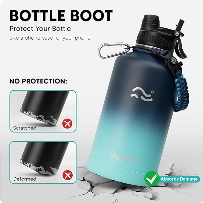 Swigina [2-IN-1 LID] 64 oz Insulated Water Bottle with Silicone Boot (48hrs Cold/24hrs Hot) - DIY Stickers, Leakproof, BPA Free, Half Gallon