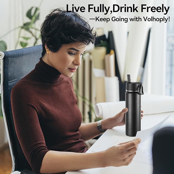Volhoply 24oz Insulated Water Bottle with Straw Bulk 8 Pack,Metal Wide Mouth Water Bottles with Handle Lid Keep Cold,Reusable Double Wall Cups,Powder Coated Sport Bottle For Holder(Black,8 Count)