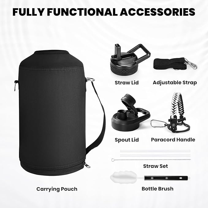 RAYMYLO One Gallon Water Bottle Insulated, Triple Walled Vacuum Stainless Steel (Cold for 48 Hrs), Leak Proof & Non-BPA, Large Water Flask Jug with Paracord Handle & Straw Spout Lids