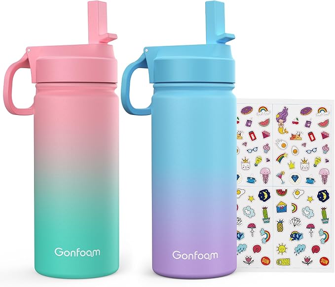 Kids Water Bottle, 2-Pack 16oz Kids Water Bottle with Stickers for School, insulated Stainless Steel Straw Cup(Pink+Blue)