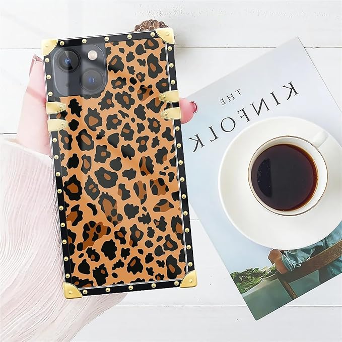 Compatible with iPhone 15 Case, Brown Leopard Texture Luxury Golden Decoration for Girl Women Soft TPU Shockproof Protective Hard PC Back for iPhone 15