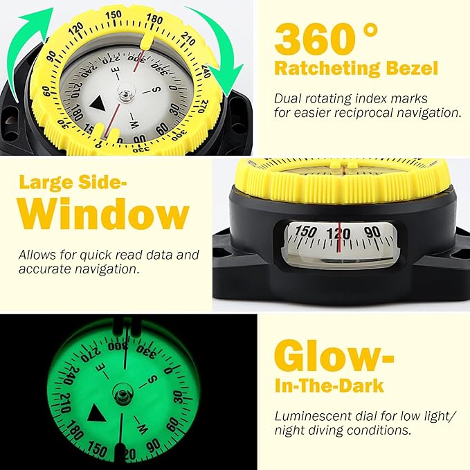 Scuba Dive Compass, Waterproof 5ATM Marine Navigation Wrist Compass with Bungee Mount and Cord, Glow in The Dark for Underwater Diving, Sailing, Camping, Kayaking, Hiking