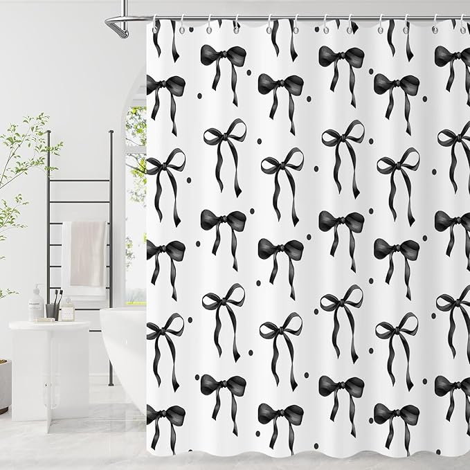 Black Bow Shower Curtain, Black and White Modern Aesthetic Bowknot with Polka Dot Cute Girly Bathroom Curtain Waterproof Fabric Machine Washable with Hooks, 72" Wx96 L