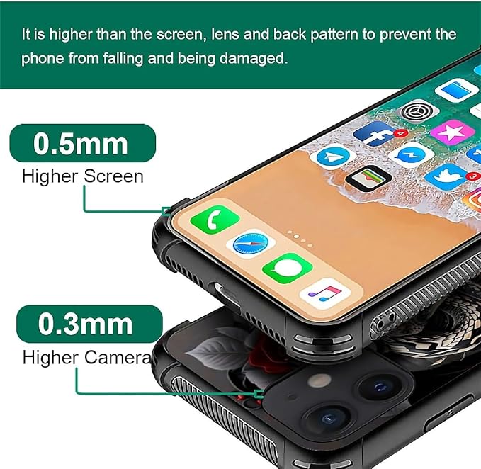 for iPhone 12 Mini Case, Entwined Rose Snake Pattern Graphic Design Girl Boy Soft Silicone Hard Acrylic Shock Protection for iPhone 12 Mini