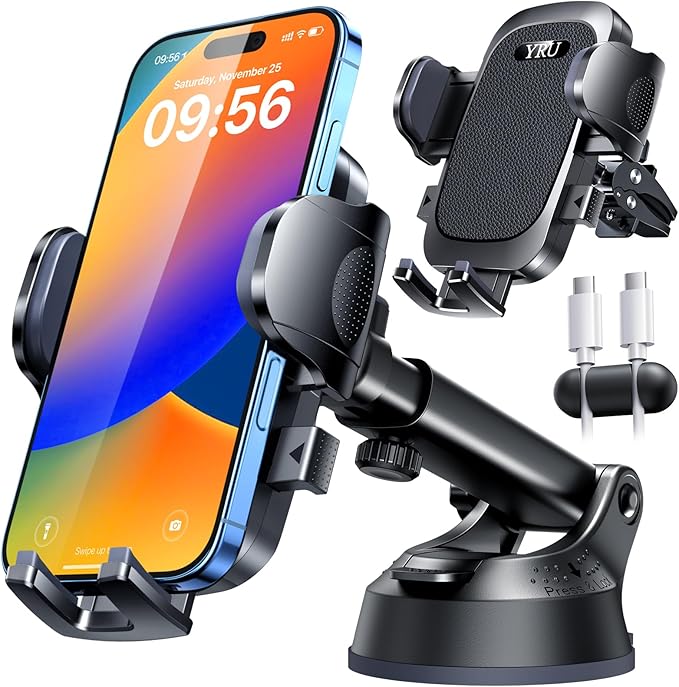 YRU [True Upgrade for Safety] Car Phone Holder Mount [Patent & Military-Grade] Dashboard Cell Phone Holder for Car Vent Windshield Phone Stand for iPhone 17 16 15 14 13 Pro Max Truck Samsung, Black