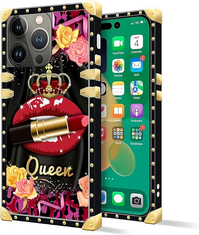 Compatible with iPhone 14 Pro Max Case, Queen Lip Crown Leopard Print Luxury Golden Decoration for Girl Women Soft TPU Shockproof Protective Hard PC Back for iPhone 14 Pro Max