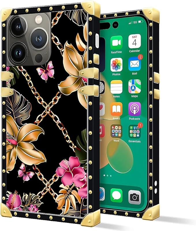 Compatible with iPhone 14 Pro Max Case, Pink Golden Chain Tropical Flower Luxury Golden Decoration for Girl Women Soft TPU Shockproof Protective Hard PC Back for iPhone 14 Pro Max