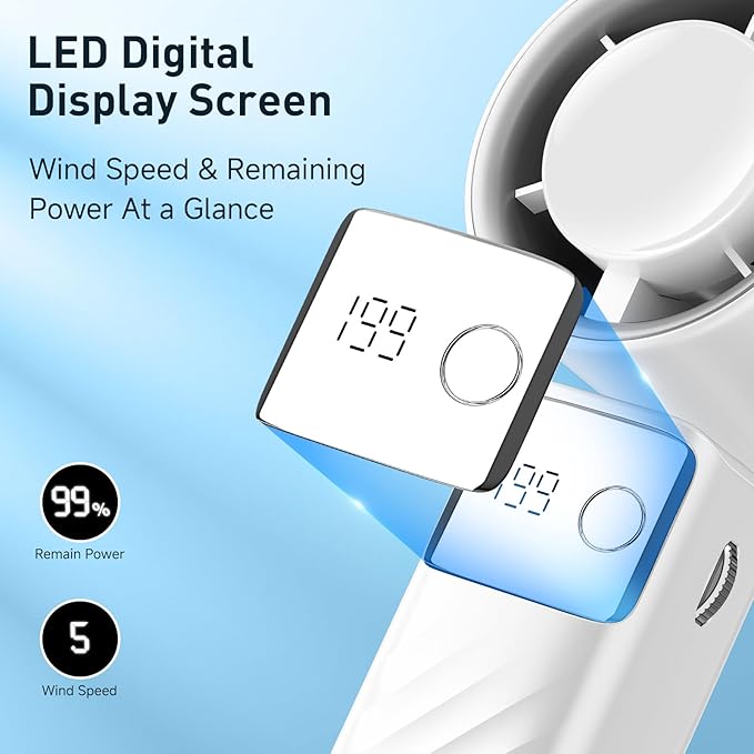 YOSHENMO Portable Handheld Turbo Fan - Foldable Mini Fan with Air Turbo Tech, 1-199 Speed Adjustment, 20H Runtime, LED Display, Battery-Powered for Indoor/Outdoor Use Light White