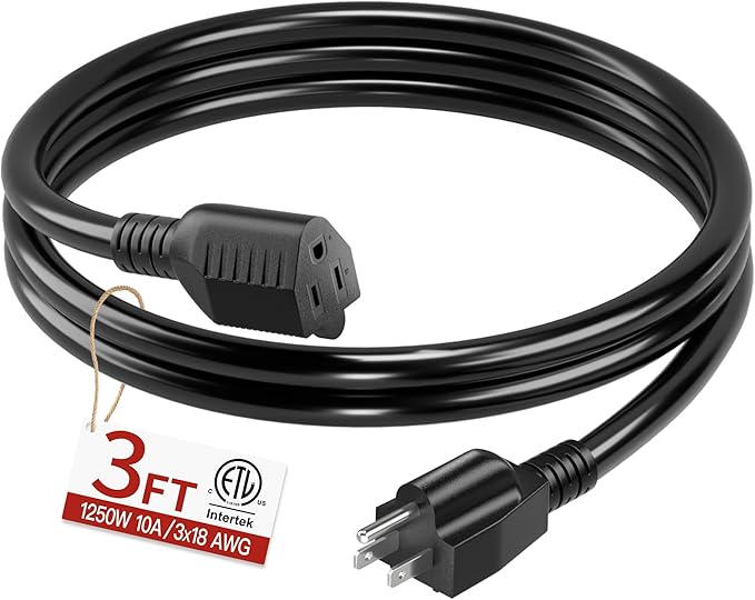 18/3 Indoor Extension Cord 3 FT, Black Extension Cord Flexible & Durable, 3 Prong Power Cable, Suitable for Home and Office, 10 Amp 1250 Watt 125VAC 18AWG, ETL Listed