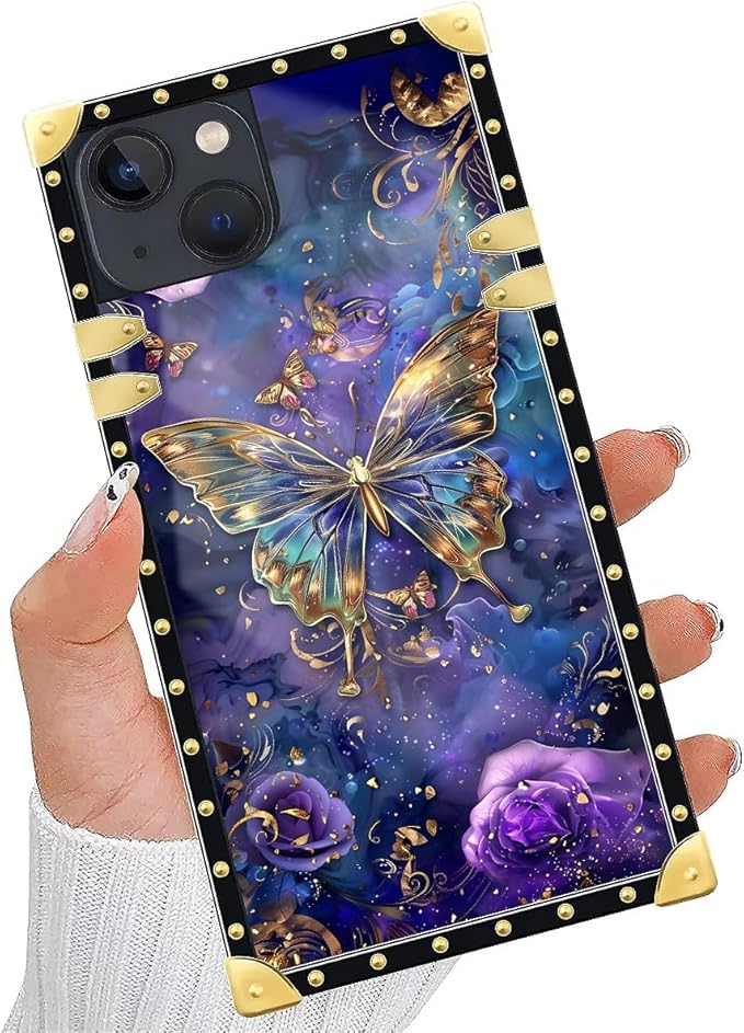 Compatible with iPhone 14 Case, Glistening Golden Butterfly Vibrant Purple Blue Luxury Golden Decoration for Girl Women Soft TPU Shockproof Protective Hard PC Back for iPhone 14