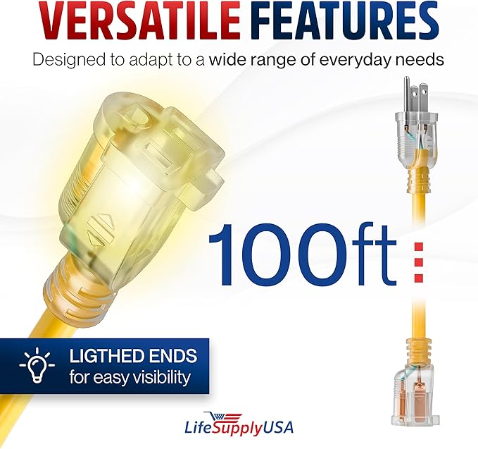100ft Outdoor/Indoor Extension Cord 10/3 Gauge Ultra Heavy Duty 3 Prong SJTW, Waterproof, Flexible Cold-Resistant Long Power Cord,15A 125V 1875W, Yellow by LifeSupplyUSA
