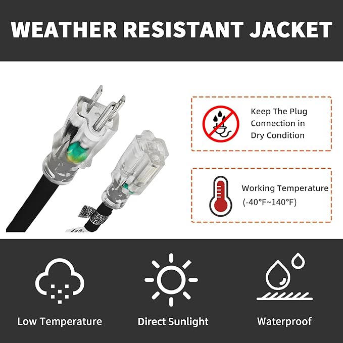 Indoor Outdoor Extension Cord Weatherproof with Lighted End, UL Listed, 10 Gauge 10FT Black 3 Prong Heavy Duty, 10/3 SJTW 15A Power Cord for Outdoor Lights, Lawn