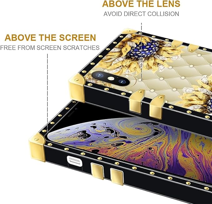 Compatible with iPhone XR Case, Sunflower Diamonds Leather Luxury Golden Decoration for Girl Women Soft TPU Shockproof Protective Hard PC Back for iPhone XR