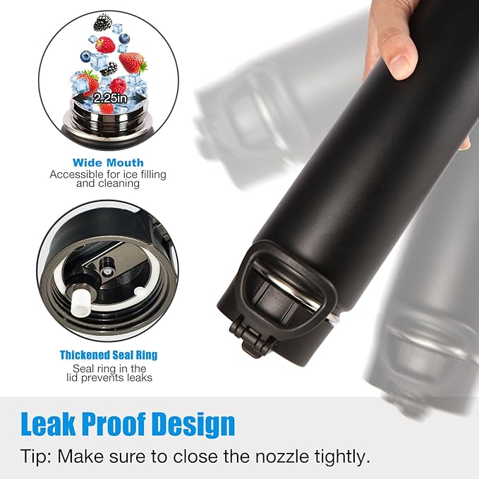 Volhoply 24oz Insulated Water Bottle With Straw Bulk 6 Pack,Metal Wide Mouth Water Bottles With Handle Lid Keep Cold,Reusable Double Wall Cups,Powder Coated Sport Bottle For Holder(Black,6 Count)