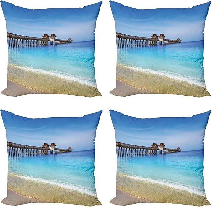 Ambesonne Dock Decorative Throw Pillow Case Pack of 4, Naples Pier Paradise Beach at Ocean in Florida USA Sunny Tropical Destination, Cushion Cover for Couch Living Room Car, 24", Azure Blue