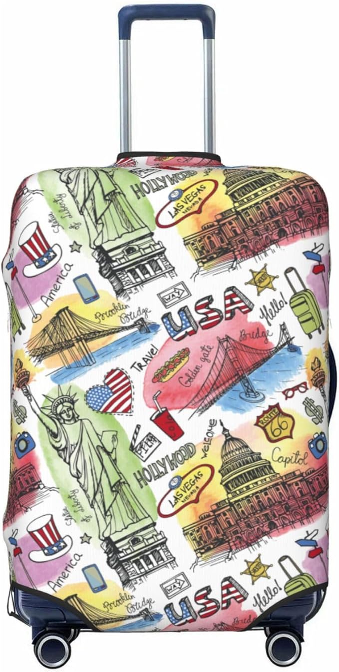 USA Landmarks Print Elastic Luggage Cover, Suitcase Protector For Travel (Fits 18-21 Inch Luggage)