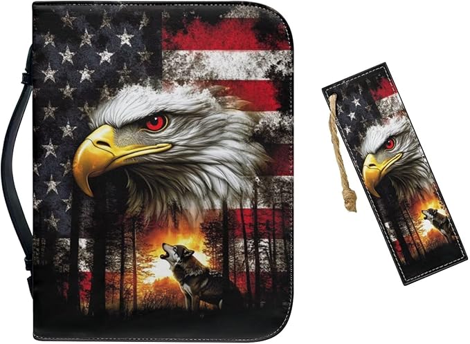 Small Bible Cover Case for Women Men American Flag Wolf Bald Eagle Print PU Leather Bible Case with Bookmark Church Bag Book Carrying Case Bible Cover for Women Men Bible Case for Men Women