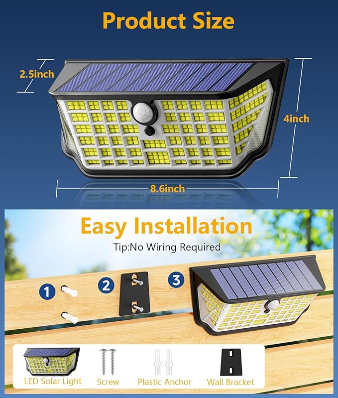 WdtPro Solar Lights Outdoor Waterproof, 300° Angle & 3 Lighting Modes Motion Sensor Outdoor Lights, Solar Security Flood Lights for Outside Fence Wall Yard Front Door Deck Garden Garage 2 Pack