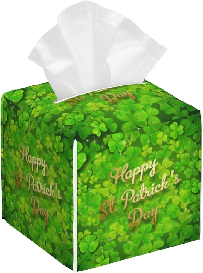Tissue Box Cover Square,Happy St.Patrick's Day Tissue Box Holder Waterproof Leather Facial Paper Case Modern Home Decoration for Bedroom Dresser Night Stand Office Desk