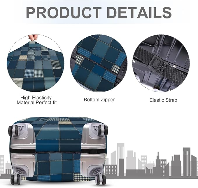 ANNA QUEEN Blue Patchwork Luggage Cover, Modern Grid Suitcase Protector, Stretchable Washable Cover for 28-30 Inch Luggage
