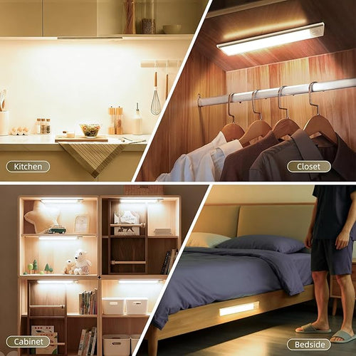 14inch Under Cabinet Lighting, 4 Pack Rechargeable Motion Sensor Light Indoor, Wireless Dimmable Magnetic Closet Lights, 58 LED Under Counter Lights for Kitchen, Wardrobe, Stairs, Warm Light
