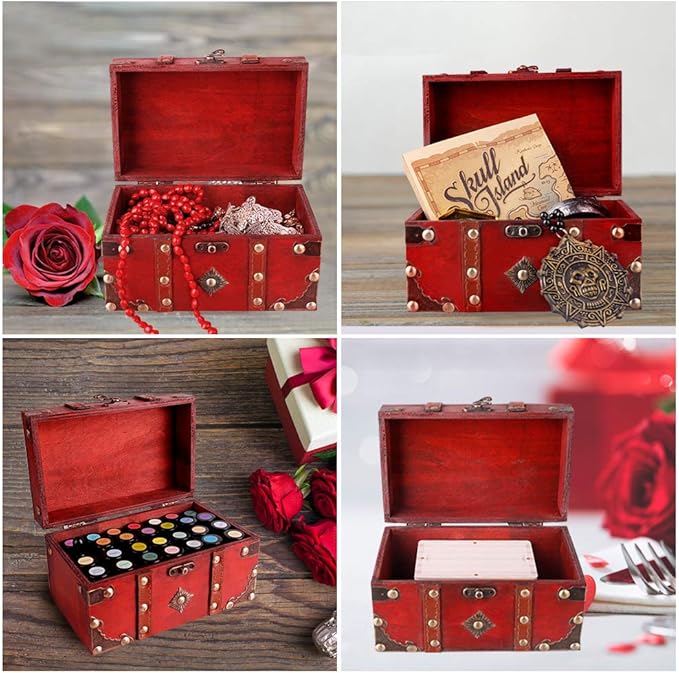 SICOHOME Treasure Chest, 7.1" Vintage Wooden Decorative Box with Pirate Trinkets for Jewelry, Tarot Cards, Gifts and Home Decoration Christmas Ornament Storage