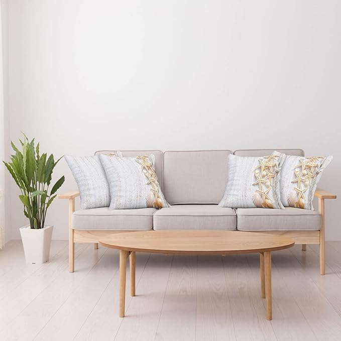 Ambesonne Seashells Throw Pillow Cushion Case Pack of 4, Starfish Marine in Vertical Direction Wood Surface Ocean Beach Nautical Print, Modern Accent Double-Sided Digital Printing, 16", Ivory Cream