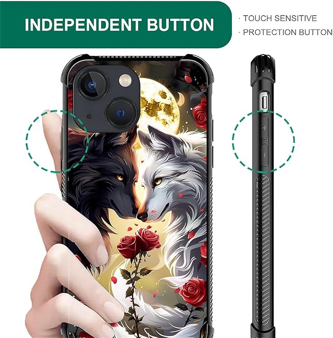for iPhone 13 Case, Black White Wolf Moon Flower Rose Pattern Graphic Design Girl Boy Soft Silicone Hard Acrylic Shock Protection for iPhone 13